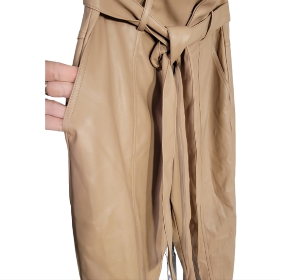 Lucy Paris S Faux Leather Tan Paperbag Pants Tie Waist Ankle Wrap Chic Neutral - Picture 8 of 13